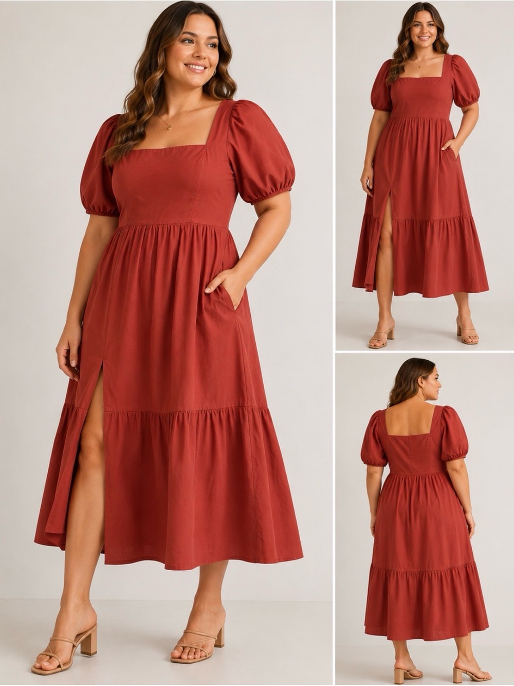 ASTR The Label Rust Poplin Puff Sleeve Tiered Midi Dress XL